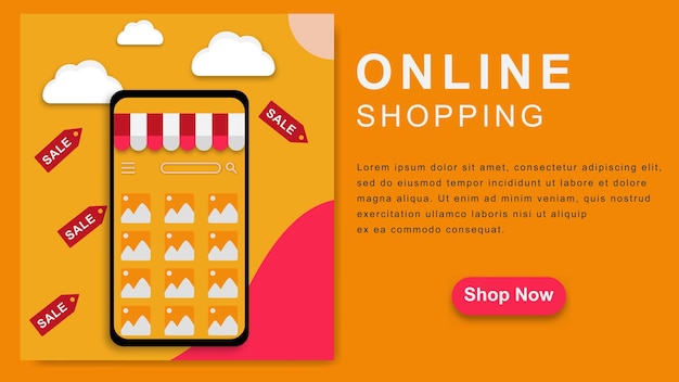 Conceito de loja de compras online no celular ou smartphone com etiqueta de venda. ilustração em vetor.