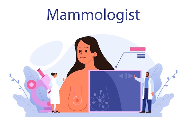 Vetor conceito de mamologista consulta com médico sobre doença da mama idéia de cuidados de saúde e exame médico triagem de mama e mamografia diagnóstico de oncologia ilustração em vetor plana