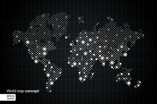 Conceito de mapa-múndi estilizado com as maiores cidades. fundo de negócios de globos. visão noturna com luzes do ponto. ilustração.