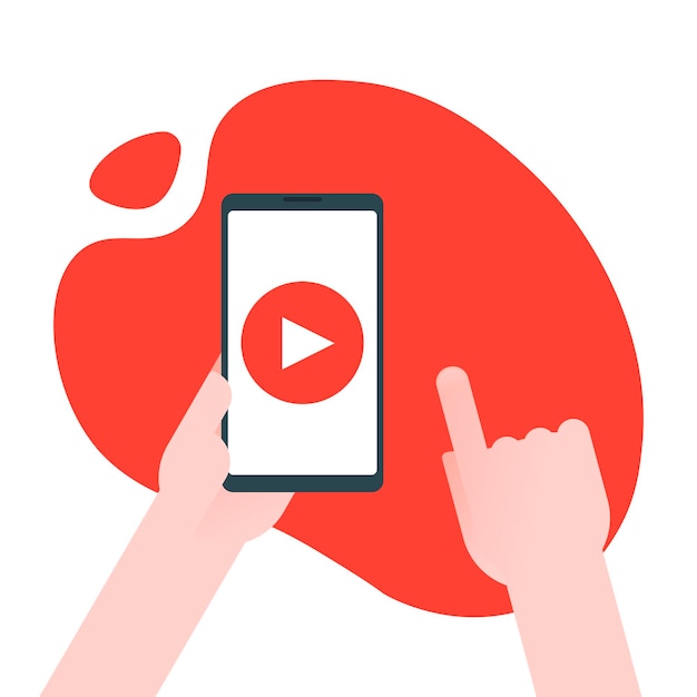 Conceito de marketing de conteúdo de vídeo. Empresário mantém smartphone com botão play para alcançar negócios, aprendizagem e treinamento online, videoconferência e webinar, publicar informações online em vídeo.