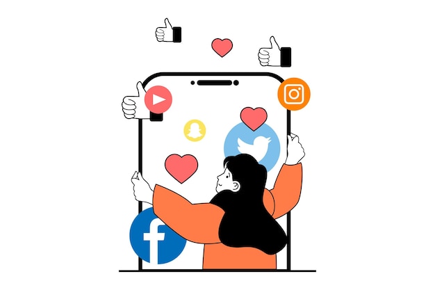 Conceito de marketing de mídia social com cena de pessoas em web design plano Mulher postando novas fotos e compartilhando postagens recebe feedback de curtidas Ilustração vetorial para material de marketing de banner de mídia social