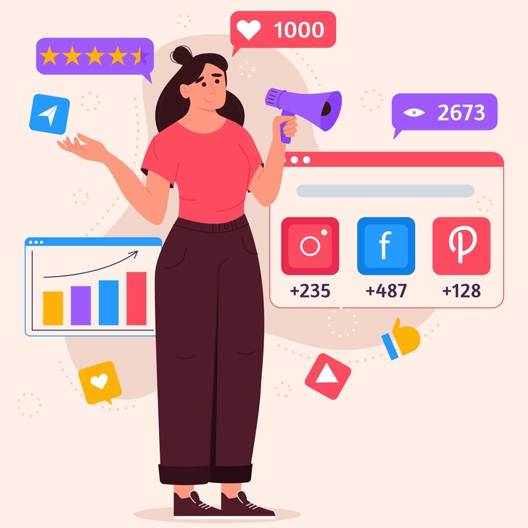 Vetor conceito de marketing de mídia social com mulher com megafone e ícones de smm