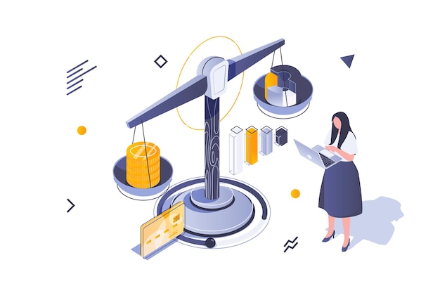 Conceito de marketing de negócios em design isométrico 3d Mulher analisando desempenho de dados e vendas, orçamento contábil e investimentos Ilustração vetorial com cena de pessoas isométrica para gráfico da web