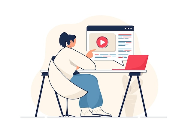 Conceito de marketing de vídeo para banner da web Mulher cria e publica negócios on-line de conteúdo de vídeo