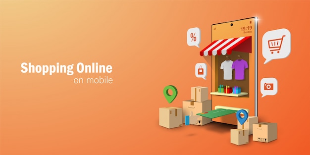 Conceito de marketing digital, compras on-line no aplicativo móvel