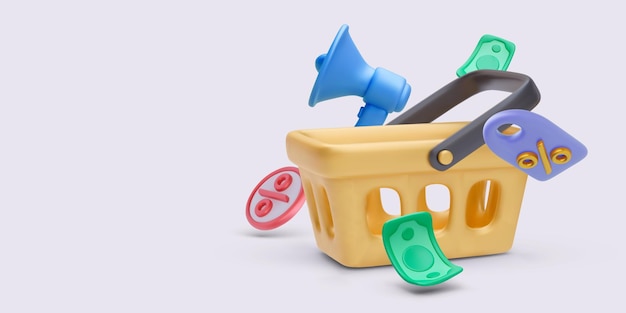Conceito de marketing em estilo realista com desconto em dólares de megafone de cesta Ilustração vetorial