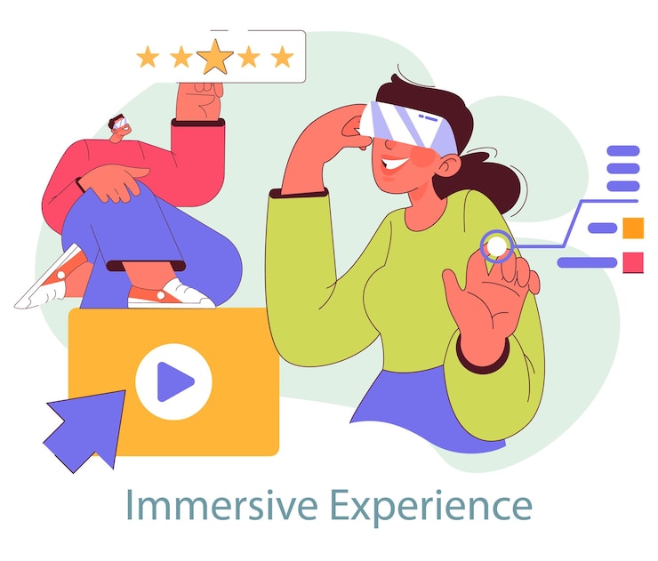 Vetor conceito de marketing imersivo um usuário de realidade virtual interagindo com uma interface digital expressando