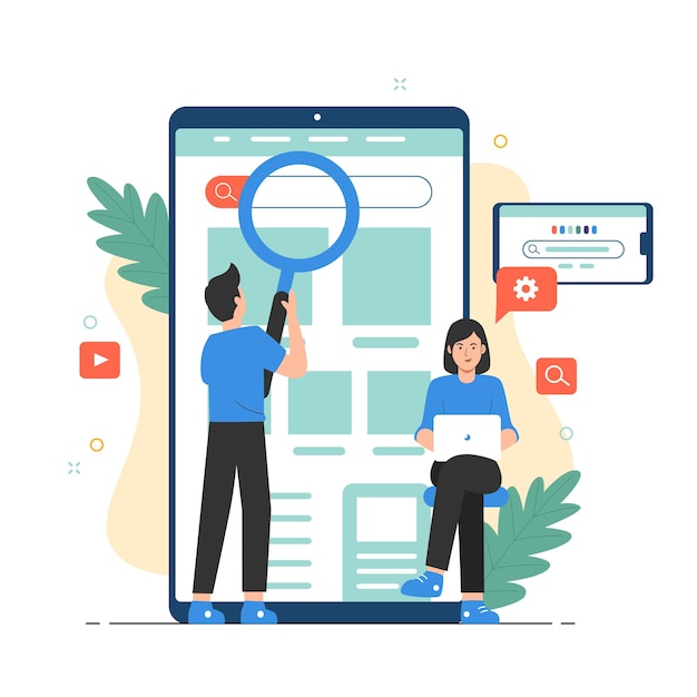 Vetor conceito de mecanismo de pesquisa com pessoas segurando uma lupa sobre o aplicativo de navegador móvel