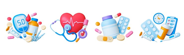 Vetor conceito de medicina 3d elementos de plasticina médica e farmacêutica pílulas e medicamentos coração com linha de pulso tubo de ensaio de sangue isolado conjunto de hospital pithy