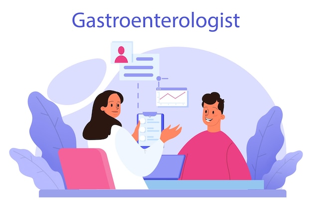 Conceito de médico de gastroenterologia idéia de cuidados de saúde e tratamento de estômago médico examina órgão interno exame endoscópico e de ultrassom ilustração vetorial