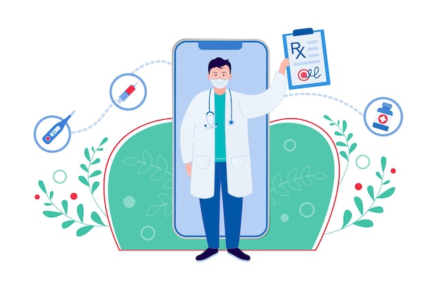 Conceito de médico on-line Aplicativo de telefone móvel de medicina Telemedicina para prevenir a infecção por coronavírus