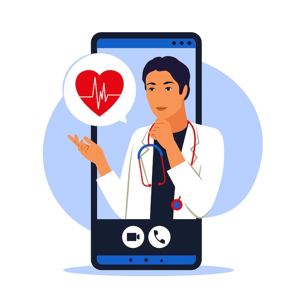 Conceito de médico on-line. consulta médica. tecnologias modernas de saúde. ilustração vetorial. plano