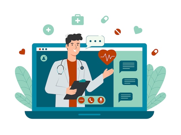 Vetor conceito de médico online com personagem médico masculino na tela do laptop