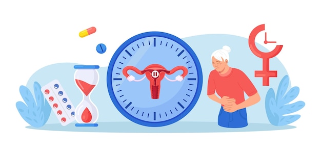 Vetor conceito de menopausa e ginecologia mulheres climáticas mulheres que sofrem de dores menstruais paciente a receber terapia de substituição hormonal relógio biológico com relógio de areia de órgão feminino