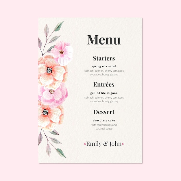 Conceito de menu floral de casamento