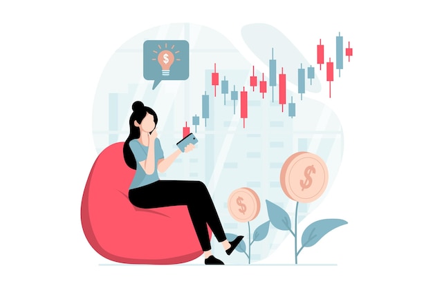 Conceito de mercado de ações com cena de pessoas em design plano Mulher faz previsões e decisões corretas na bolsa de valores e aumenta sua renda Ilustração vetorial com situação de personagem para web