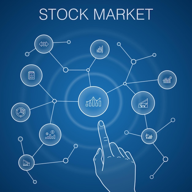 Conceito de mercado de ações, fundo azul. Corretor, finanças, gráfico, ícones de participação de mercado