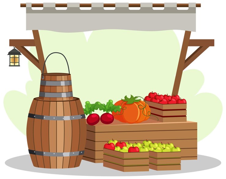 Vetor conceito de mercado de pulgas com loja de frutas