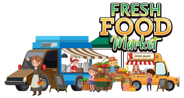 Conceito de mercado de pulgas de alimentos frescos com personagem de desenho animado