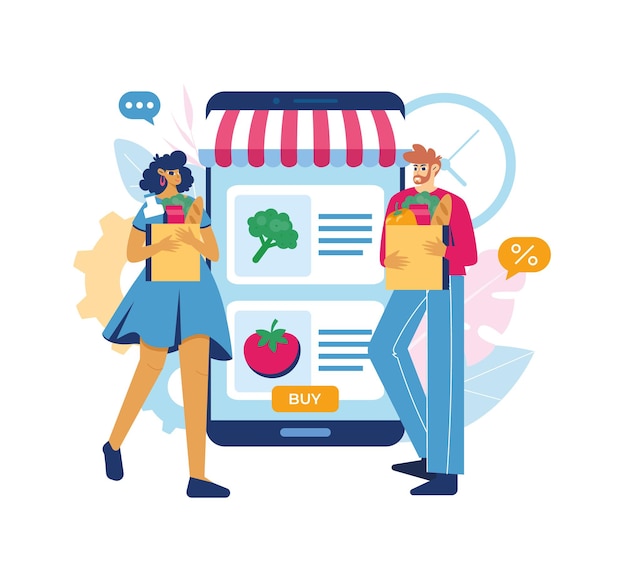 Conceito de mercearia online. Mulher e homem com compras saindo do smartphone