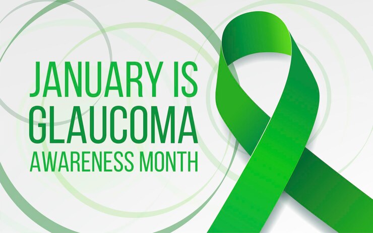 Conceito de mês de consciência do glaucoma. Banner com texto e consciência de fita verde.