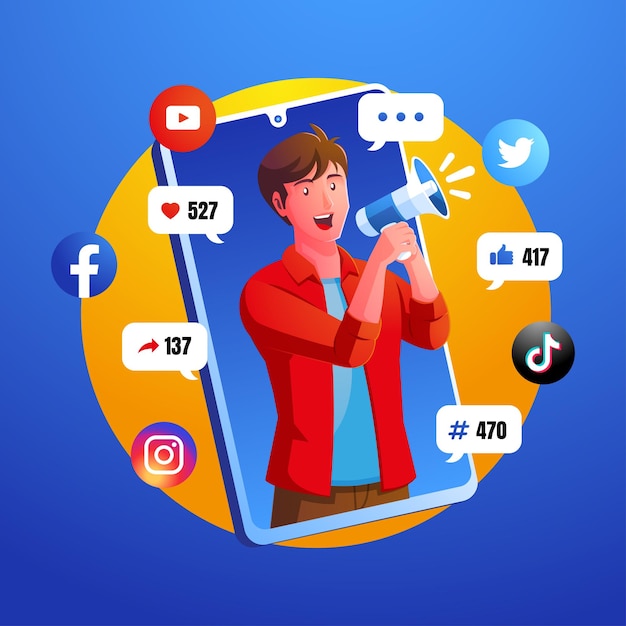 conceito de mídia social de marketing digital com homem gritando com megafone e logotipo de mídia social