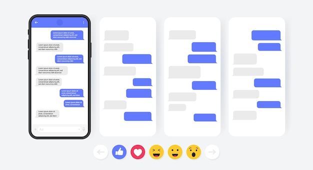 Conceito de mídia social. telefone inteligente com tela de bate-papo do messenger em carrossel. bolhas de modelo de sms para diálogos redigidos. estilo de ilustração moderno.
