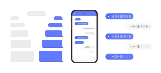 Conceito de mídia social. telefone inteligente com tela de chat do messenger e onda de voz. bolhas de modelo de sms para diálogos redigidos. ilustração moderna.