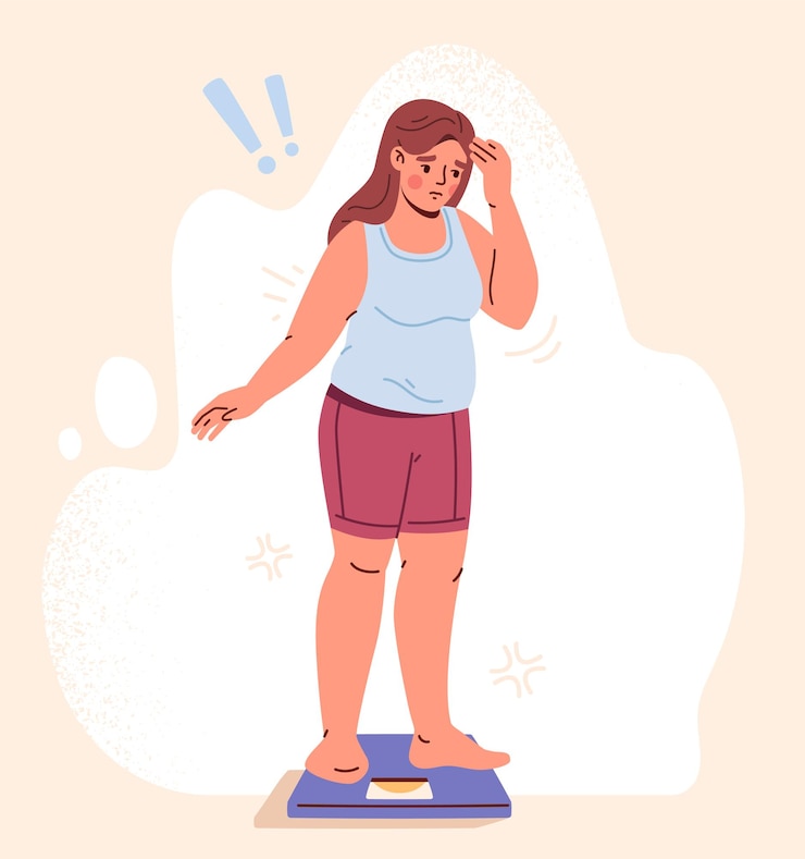Vetor conceito de mulher com excesso de peso jovem menina gordurosa em escalas problema com comer questões mentais e psicológicas chocada e triste elemento gráfico para site cartoon ilustração vetorial plana