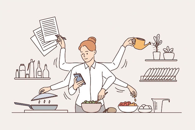 Conceito de multitarefa e gerenciamento de tempo. jovem mulher sorridente com seis braços realizando muitas tarefas simultaneamente na ilustração vetorial de cozinha