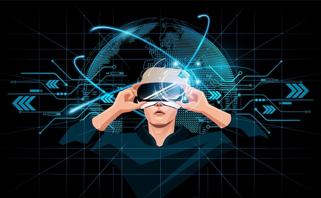 Vetor conceito de mundo virtual cibernético digital do metaverso homem segurando óculos de realidade virtual