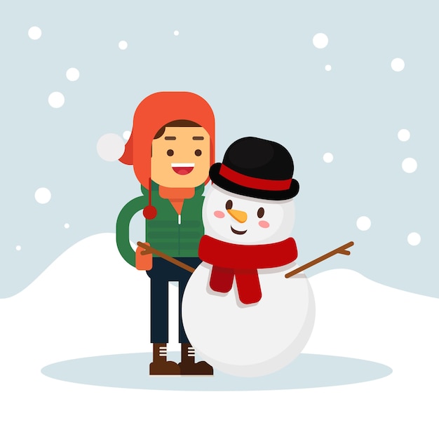 Vetor conceito de natal feliz menino e boneco de neve