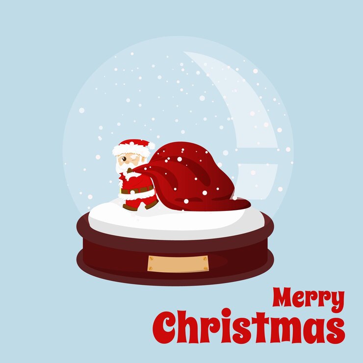 Vetor conceito de natal papai noel com saco de presente com bola de neve branca sob cúpula de vidro mágico