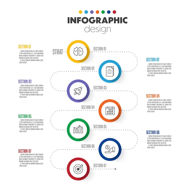 Vetor conceito de negócio de apresentação vetorial modelo de círculos infográficos 7 etapas