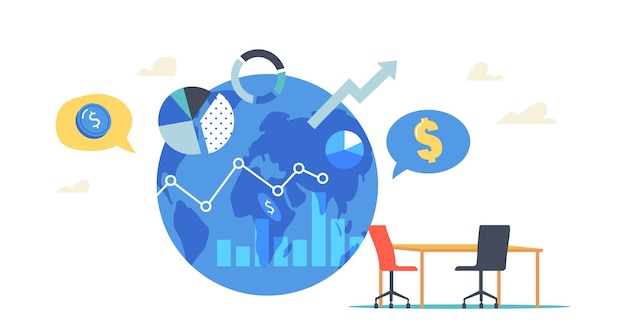 Vetor conceito de negócio de oportunidade de investimento global. earth globe, analytics graphs pie charts, data, growing arrow, dollar