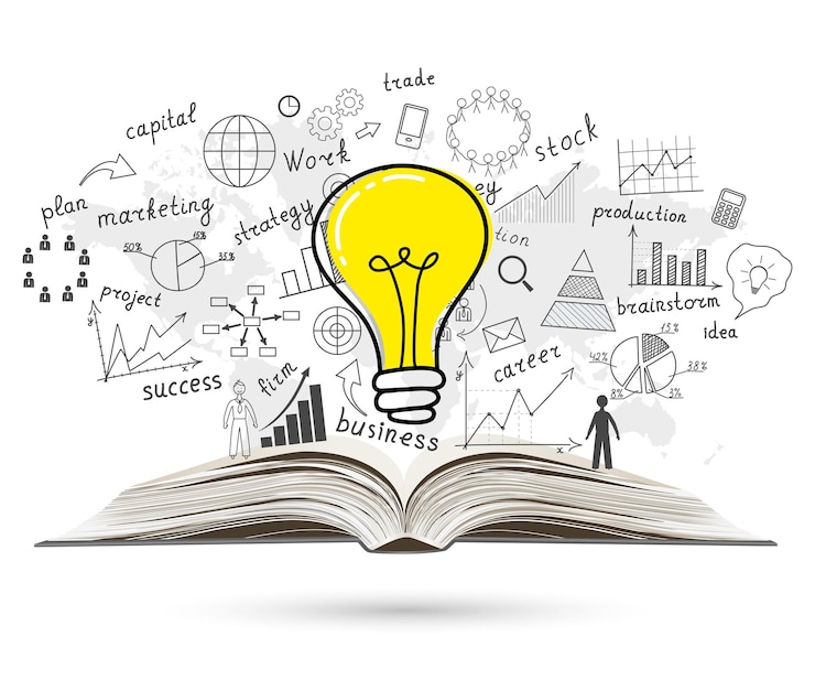 Vetor conceito de negócio lâmpada de luz com sucesso de negócio desenho plano de estratégia ideia em livro aberto vetor