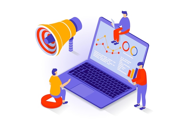 Conceito de negócios e marketing em design isométrico 3d Pessoas pesquisando dados e estatísticas de seo em gráficos criando estratégia e publicidade Ilustração vetorial com cena de isometria para gráfico da web