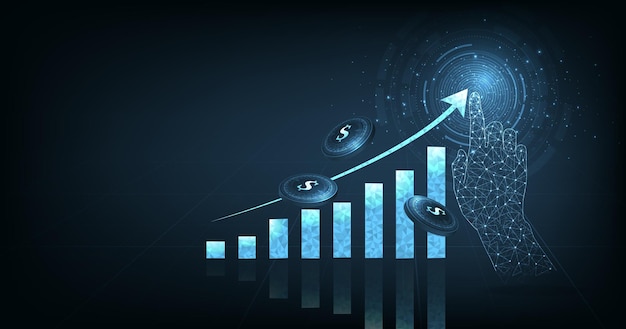 Vetor conceito de negócios em crescimento bem-sucedido com ícone de gráfico digital em fundo azul escuro