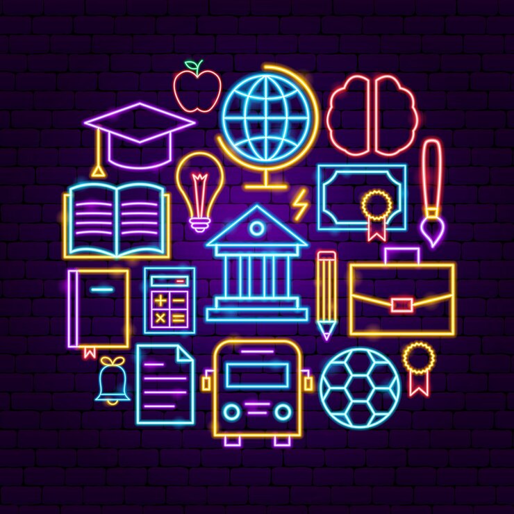 Conceito de néon de educação. Ilustração em vetor de promoção escolar.