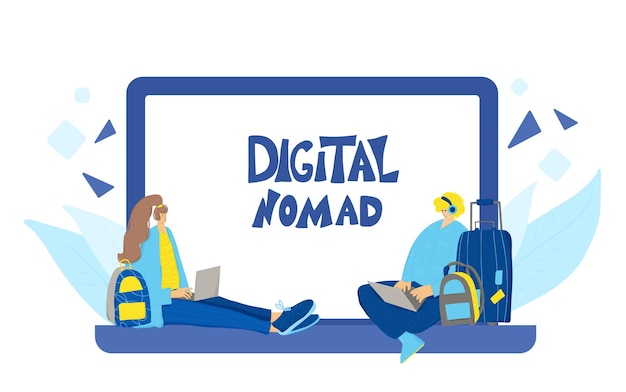 Conceito de nômade digital homem vetor com laptop