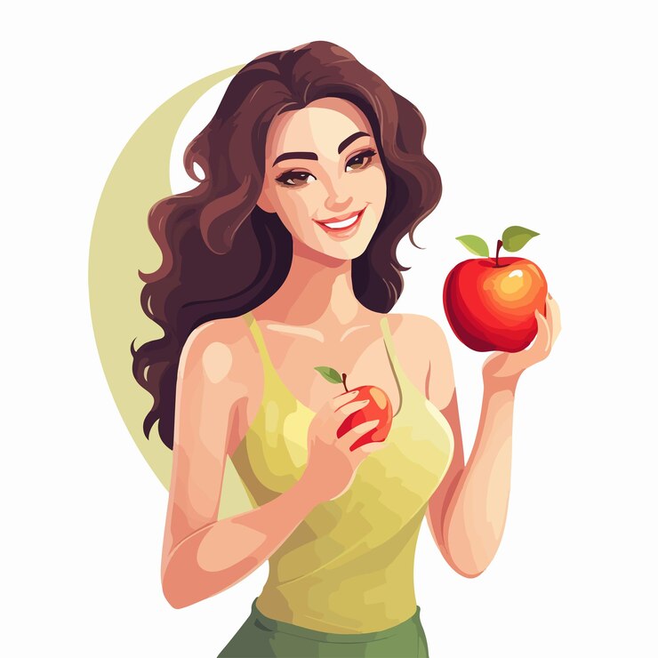 Vetor conceito de nutrição de estilo de vida saudável mulher jovem segurando maçã ilustração vetorial de desenho animado