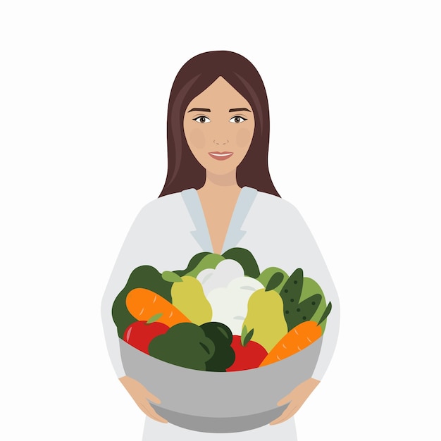 Conceito de nutricionista mulher de desenho vetorial com tigela de legumes e frutas terapia nutricional