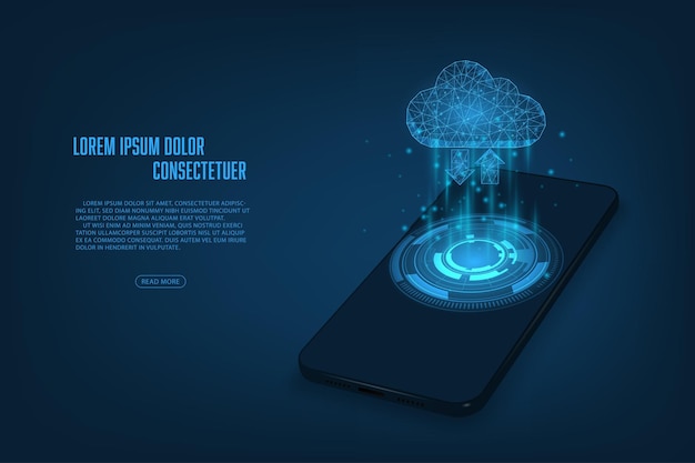 Conceito de nuvem vetorial. Troca de dados no fundo da tecnologia de armazenamento online do smartphone.