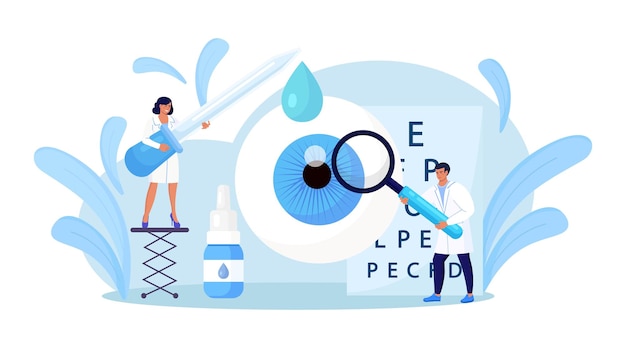 Conceito de oftalmologia. Médico oftalmologista verifica a visão do paciente. Teste óptico para olhos, tecnologia de óculos. Boa visão e cuidados com os olhos. Exame oftalmológico e tratamento da visão