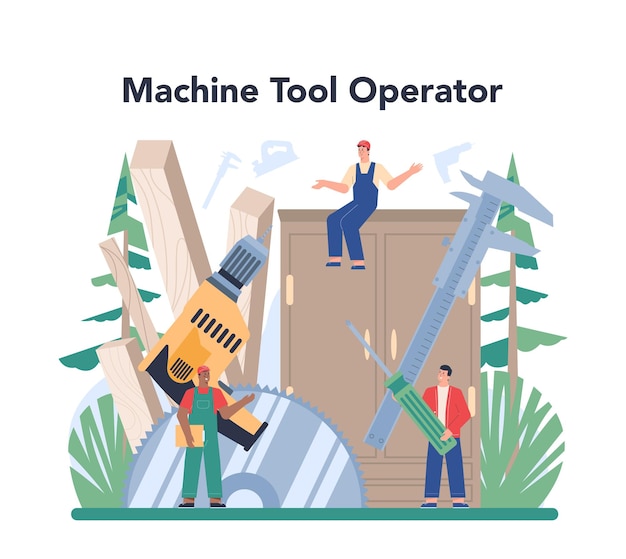 Conceito de operador de produção de produtos de madeira fabricação de móveis de madeira operador de ferramenta de carpinteiro planejamento de madeira para processamento de madeira ilustração vetorial plana isolada