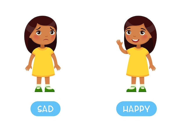 conceito de opostos, cartão de palavra infantil feliz e triste com cartão flash de antônimos para língua estrangeira
