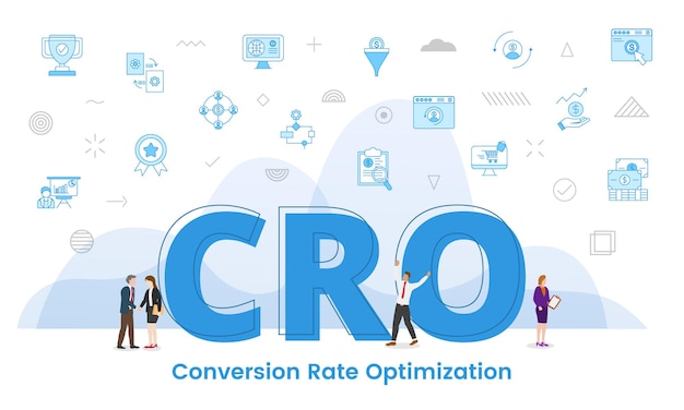 Vetor conceito de otimização da taxa de conversão cro com grandes palavras e pessoas cercadas por ícones relacionados com ilustração vetorial de estilo de cor azul