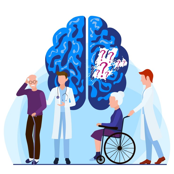 Vetor conceito de pacientes com doença de alzheimer lapso de memória cuidados médicos são fornecidos a pessoas com doenças cerebrais e perda de memória
