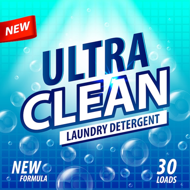 Conceito de pacote de detergente para a roupa. design de detergente em pó, etiqueta mais limpa. modelo de etiqueta de limpador de banheira