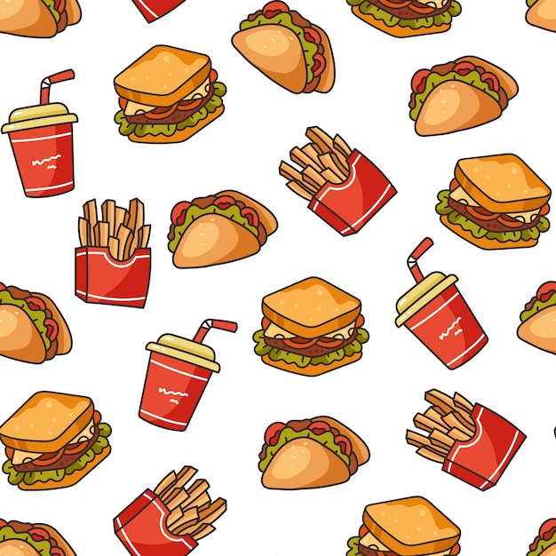 Conceito de padrão sem costura de comida de rua rápida ilustração de elemento de design de desenho animado plano